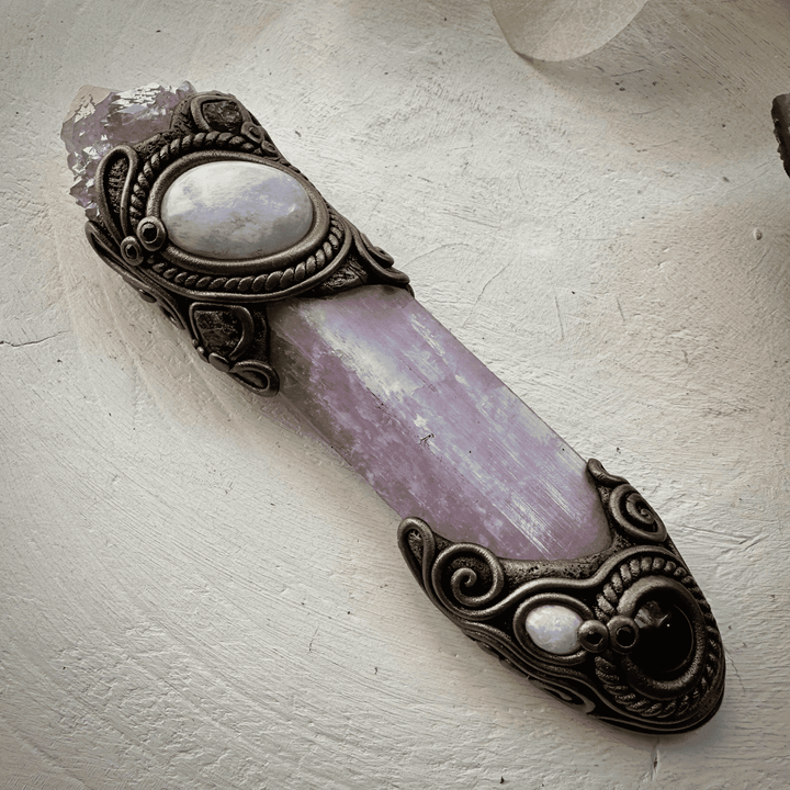 Kunzite Crystal Wand, Angel Aura Spirit Quartz Moonstone Tanzanite Amethyst Australian Opal and Blue Sapphire Wand - FairyGardenGlow
