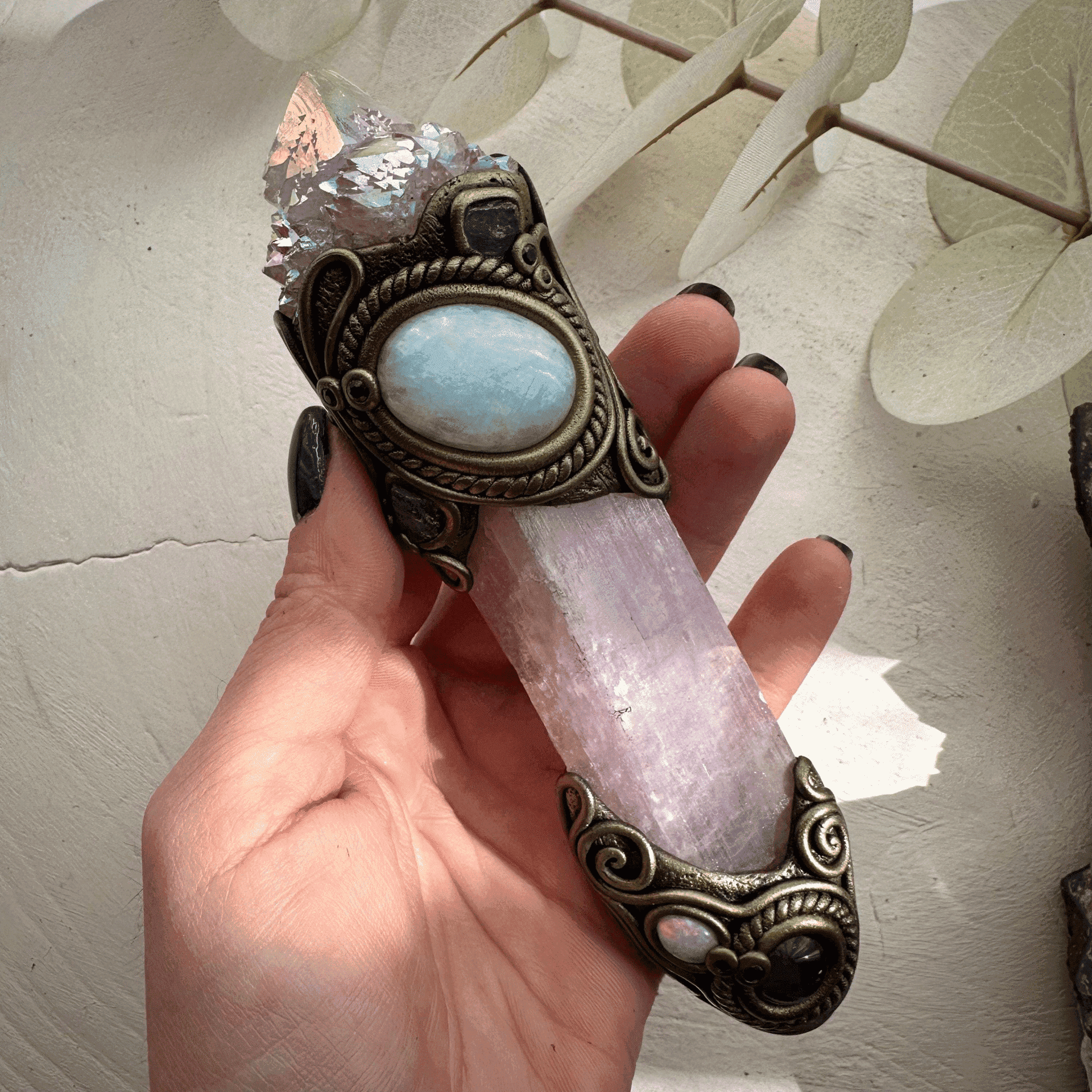 Kunzite Crystal Wand, Angel Aura Spirit Quartz Moonstone Tanzanite Amethyst Australian Opal and Blue Sapphire Wand - FairyGardenGlow