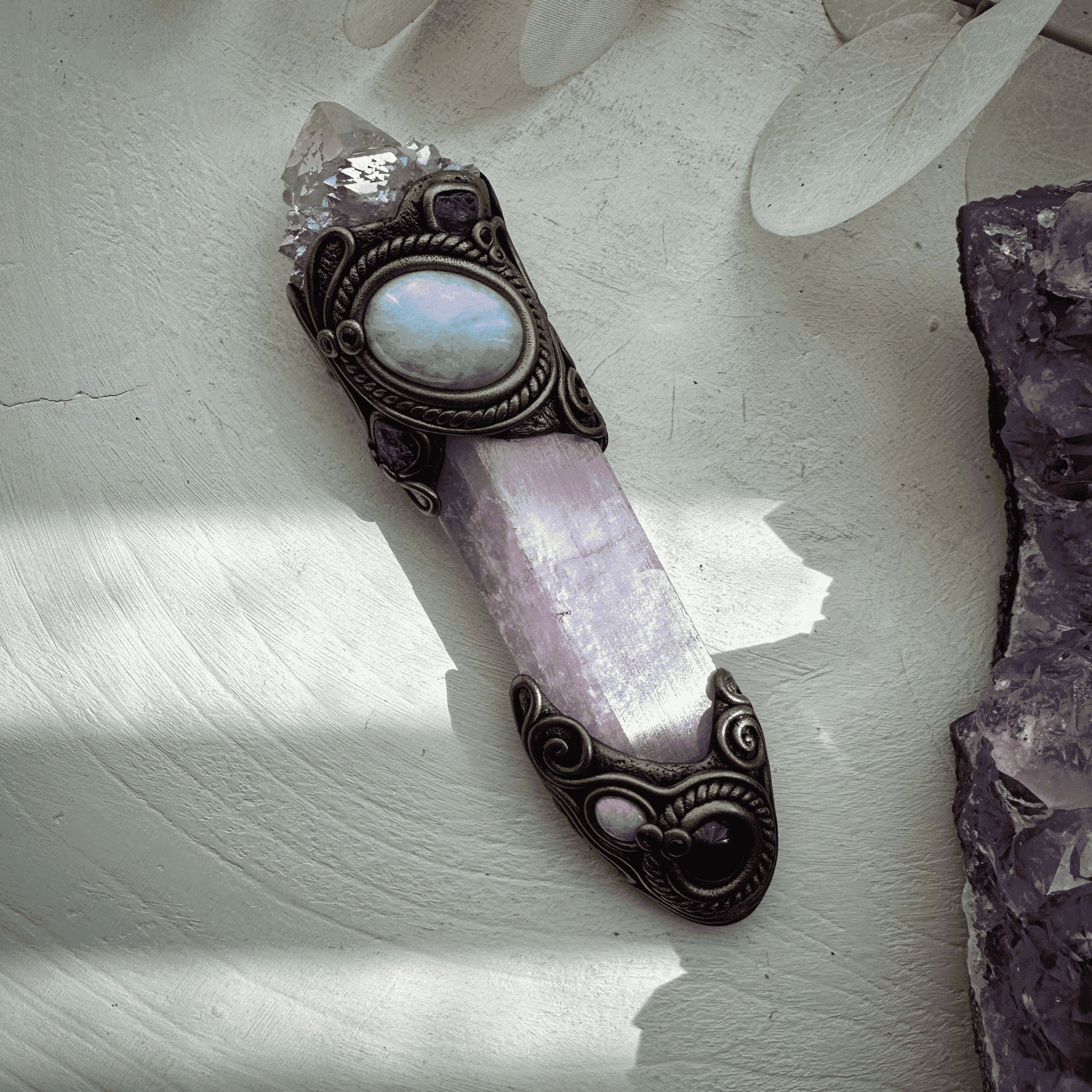 Kunzite Crystal Wand, Angel Aura Spirit Quartz Moonstone Tanzanite Amethyst Australian Opal and Blue Sapphire Wand - FairyGardenGlow