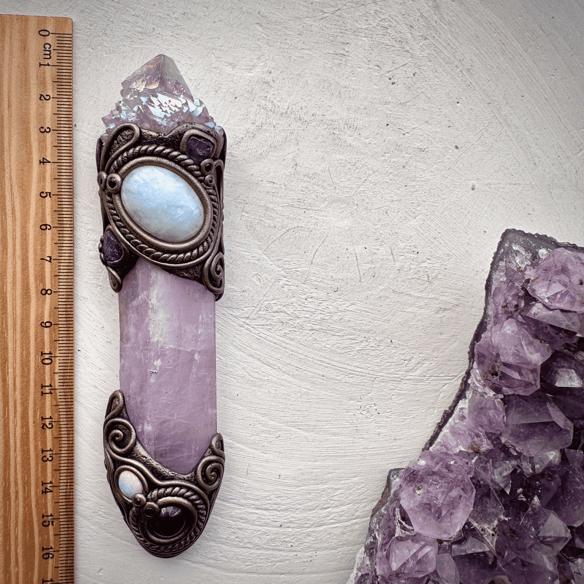Kunzite Crystal Wand, Angel Aura Spirit Quartz Moonstone Tanzanite Amethyst Australian Opal and Blue Sapphire Wand - FairyGardenGlow
