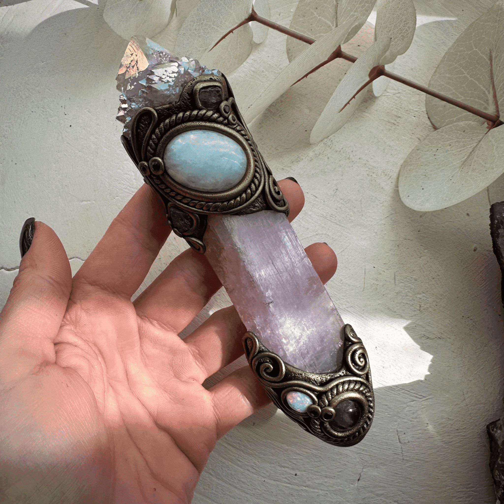 Kunzite Crystal Wand, Angel Aura Spirit Quartz Moonstone Tanzanite Amethyst Australian Opal and Blue Sapphire Wand - FairyGardenGlow