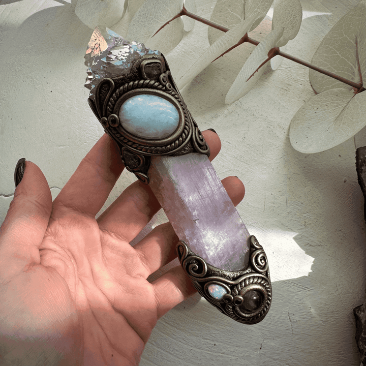 Kunzite Crystal Wand, Angel Aura Spirit Quartz Moonstone Tanzanite Amethyst Australian Opal and Blue Sapphire Wand - FairyGardenGlow