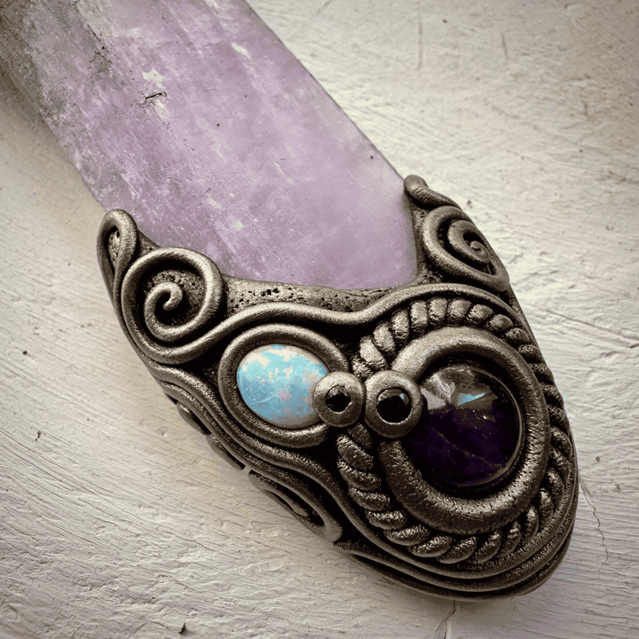 Kunzite Crystal Wand, Angel Aura Spirit Quartz Moonstone Tanzanite Amethyst Australian Opal and Blue Sapphire Wand - FairyGardenGlow