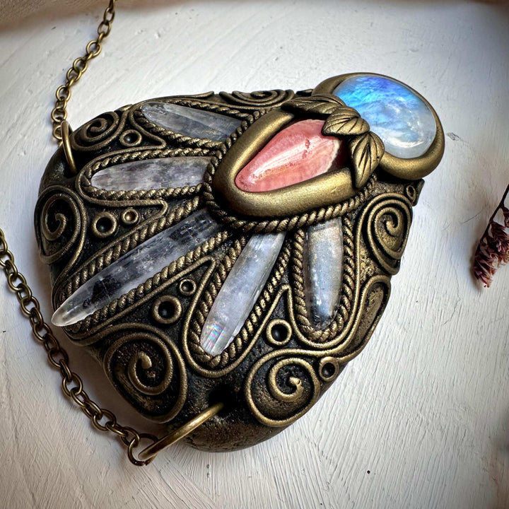 Kunzite Rainbow Moonstone and Rhodochrosite Necklace - FairyGardenGlow
