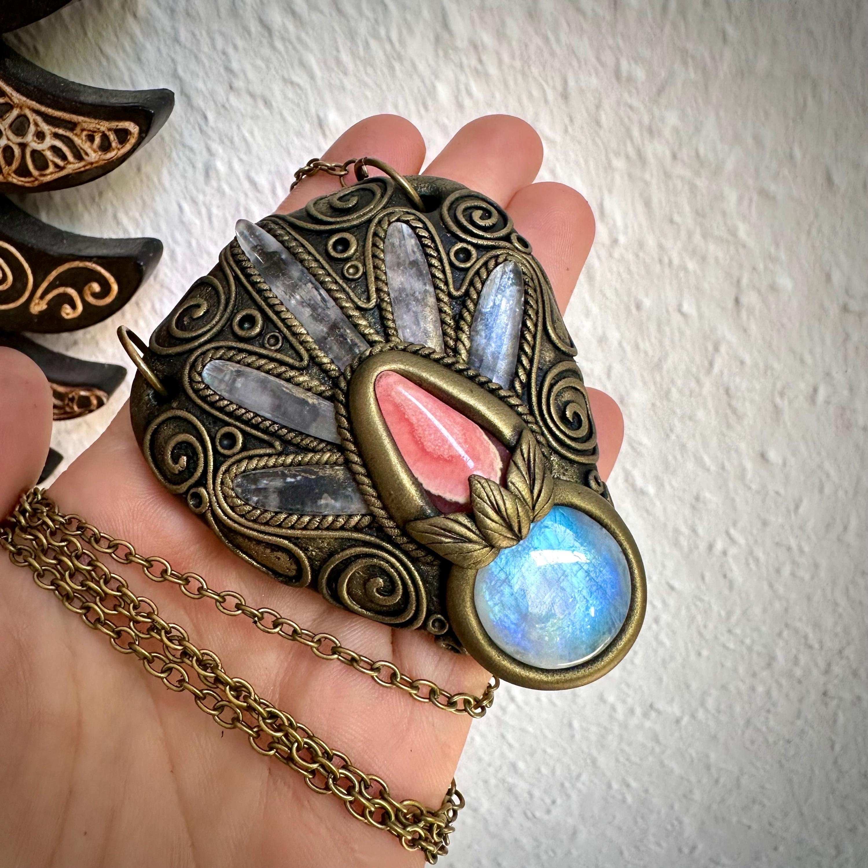 Kunzite Rainbow Moonstone and Rhodochrosite Necklace - FairyGardenGlow