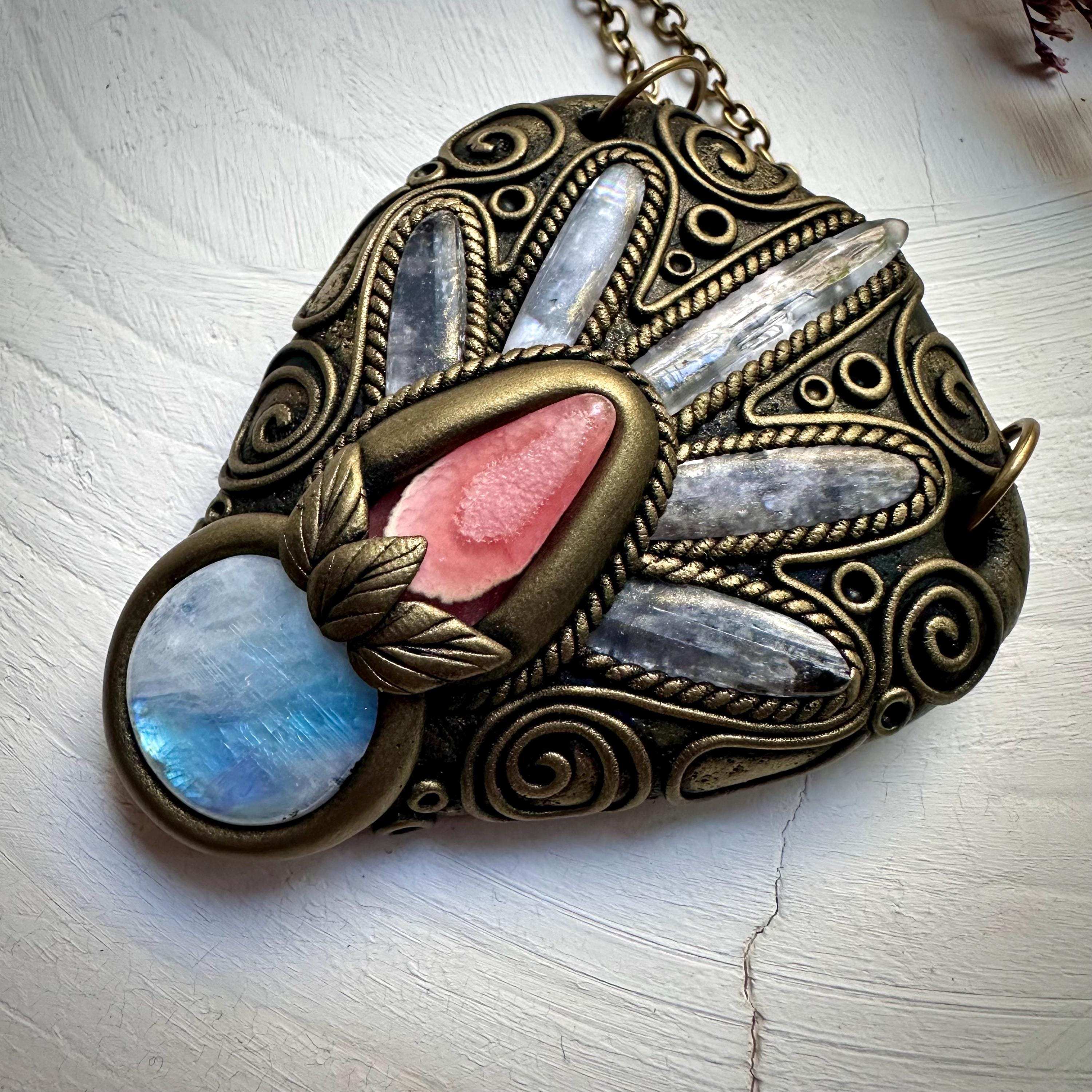 Kunzite Rainbow Moonstone and Rhodochrosite Necklace - FairyGardenGlow
