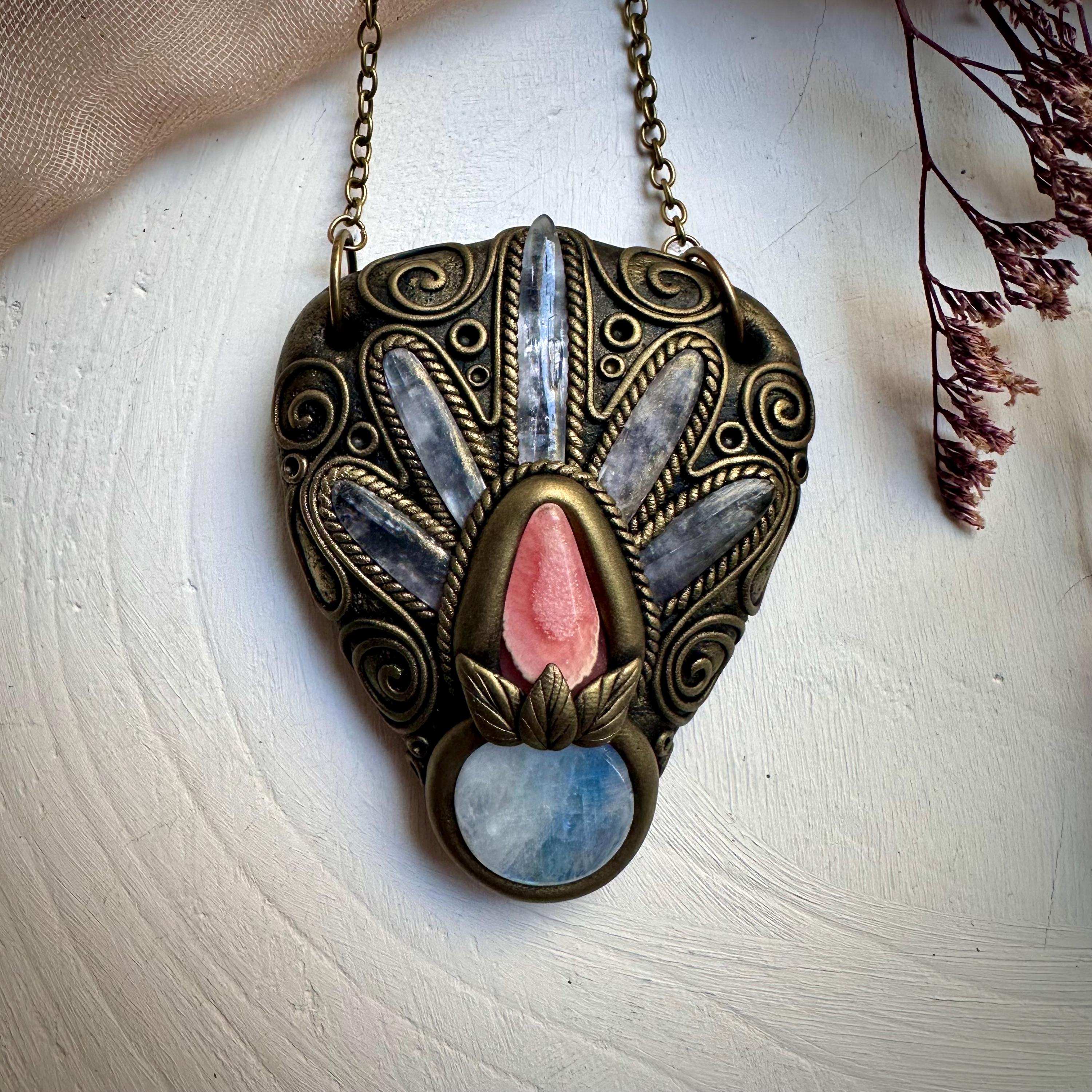 Kunzite Rainbow Moonstone and Rhodochrosite Necklace - FairyGardenGlow