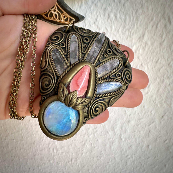 Kunzite Rainbow Moonstone and Rhodochrosite Necklace - FairyGardenGlow