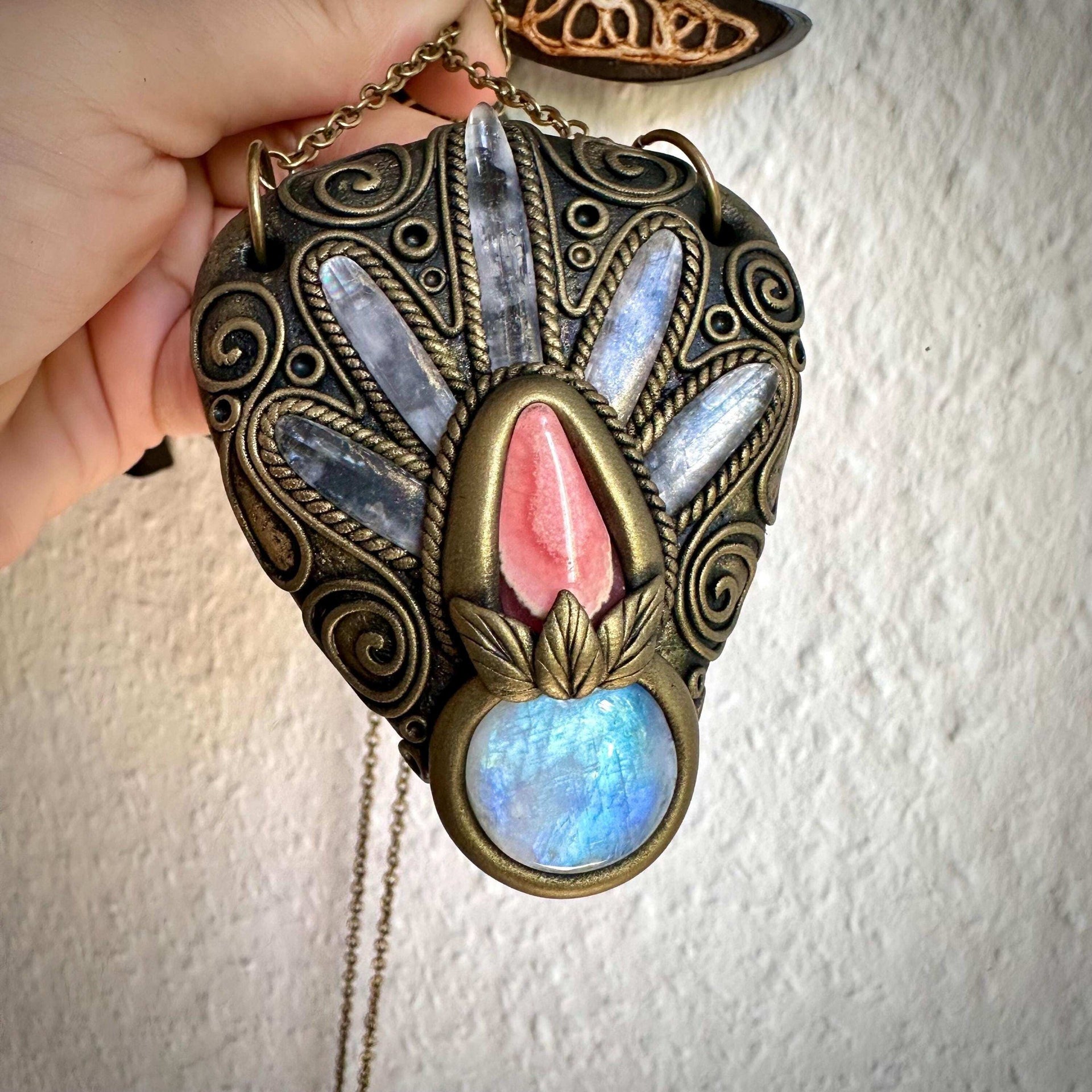 Kunzite Rainbow Moonstone and Rhodochrosite Necklace - FairyGardenGlow