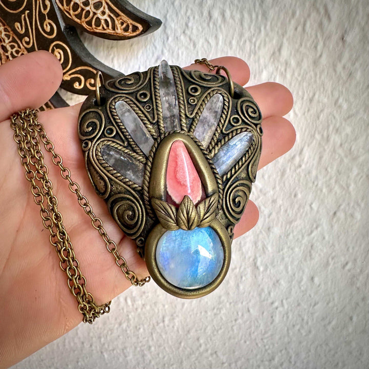 Kunzite Rainbow Moonstone and Rhodochrosite Necklace - FairyGardenGlow
