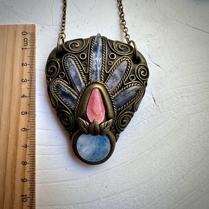 Kunzite Rainbow Moonstone and Rhodochrosite Necklace - FairyGardenGlow