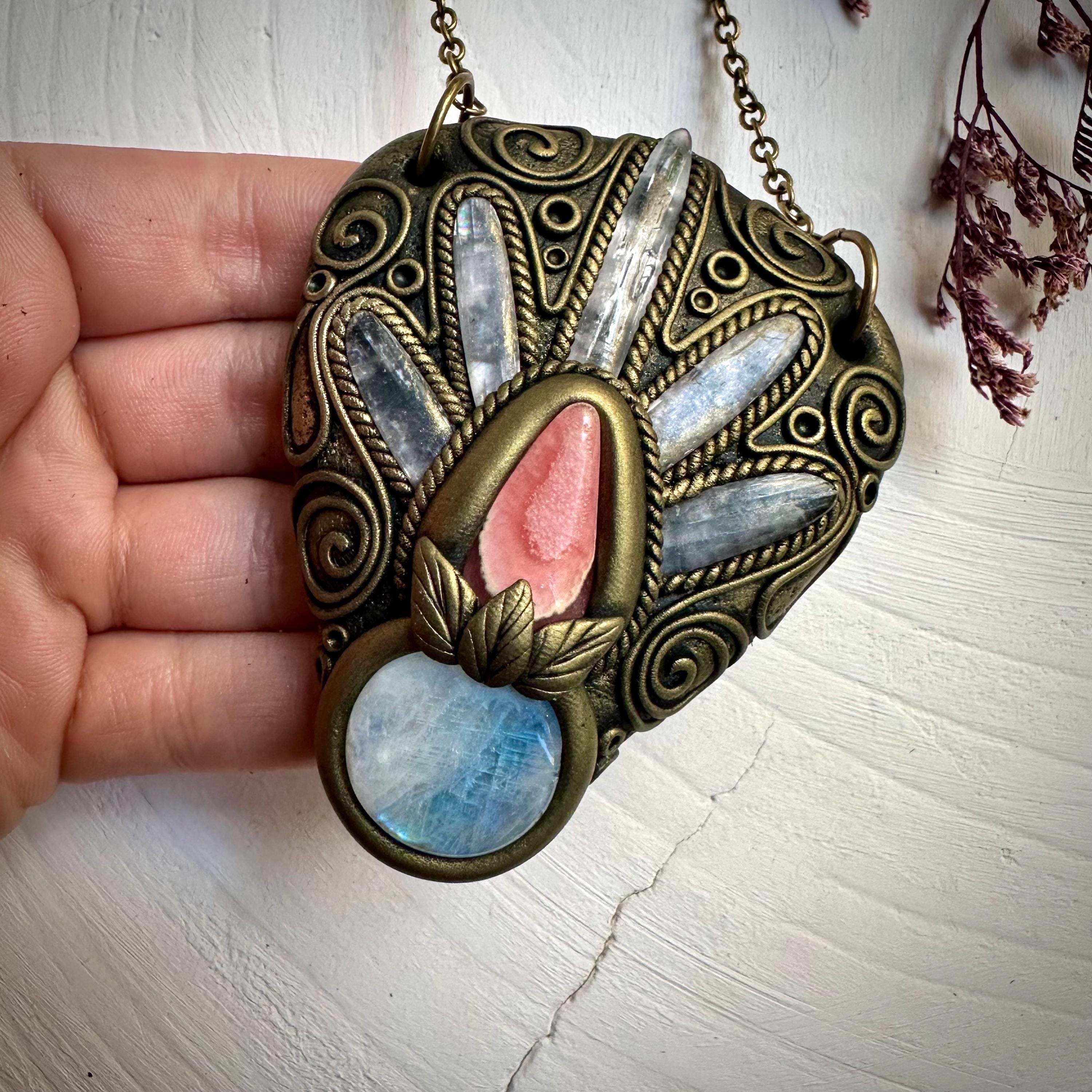Kunzite Rainbow Moonstone and Rhodochrosite Necklace - FairyGardenGlow