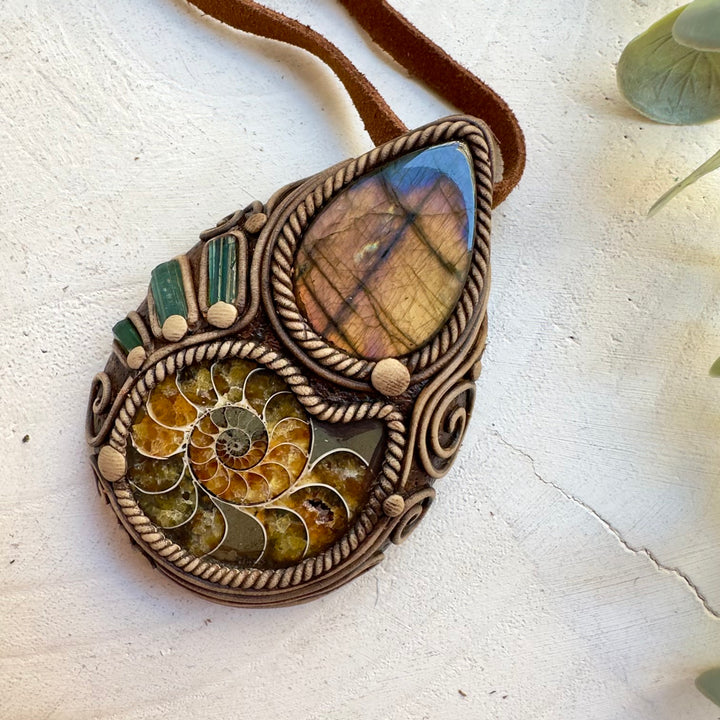 Labradorite ammonite and green tourmaline protection necklace handmade with natural crystals