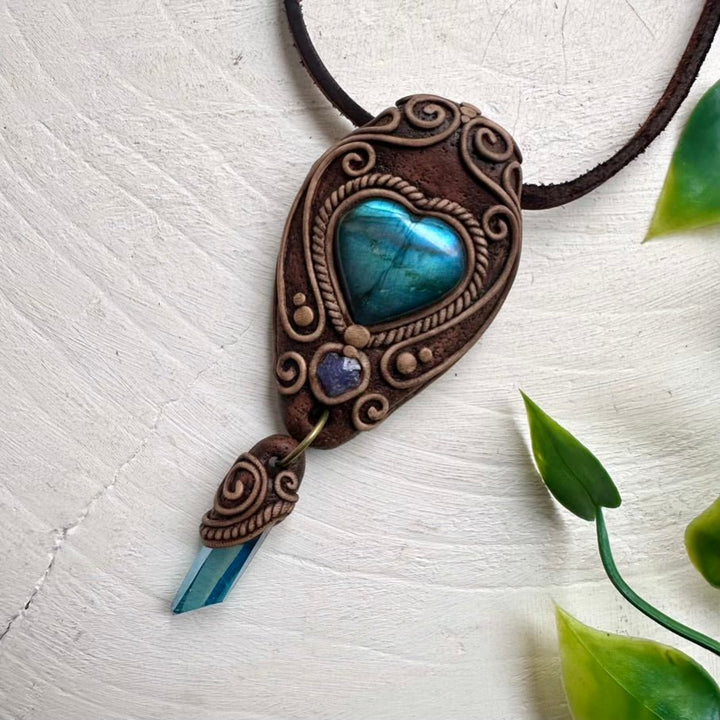 Labradorite Aqua Aura Quartz and Tanzanite Necklace, Handmade Boho Pendant - FairyGardenGlow