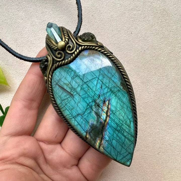 Labradorite Aqua Aura Quartz and Moldavite Crystal Necklace, One of a kind Gemstone Jewelry - FairyGardenGlow
