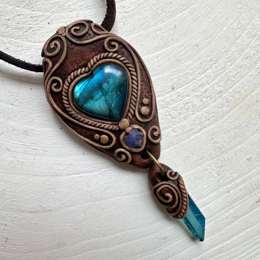 Labradorite Aqua Aura Quartz and Tanzanite Necklace, Handmade Boho Pendant - FairyGardenGlow