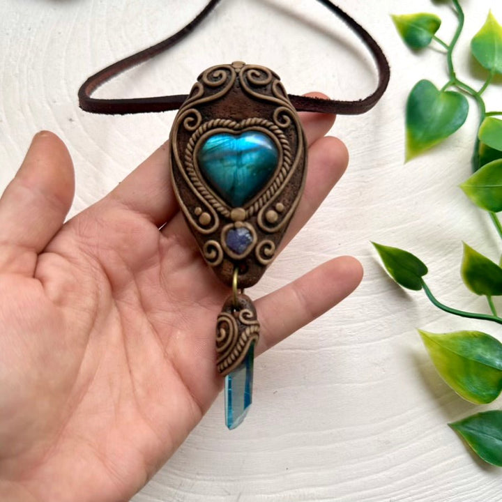 Labradorite Aqua Aura Quartz and Tanzanite Necklace, Handmade Boho Pendant - FairyGardenGlow