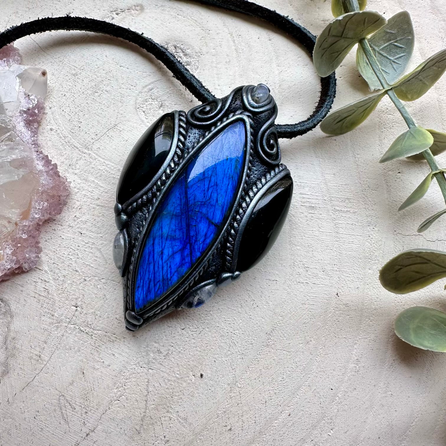 Labradorite black onyx and moonstone necklace handmade gemstone jewelry