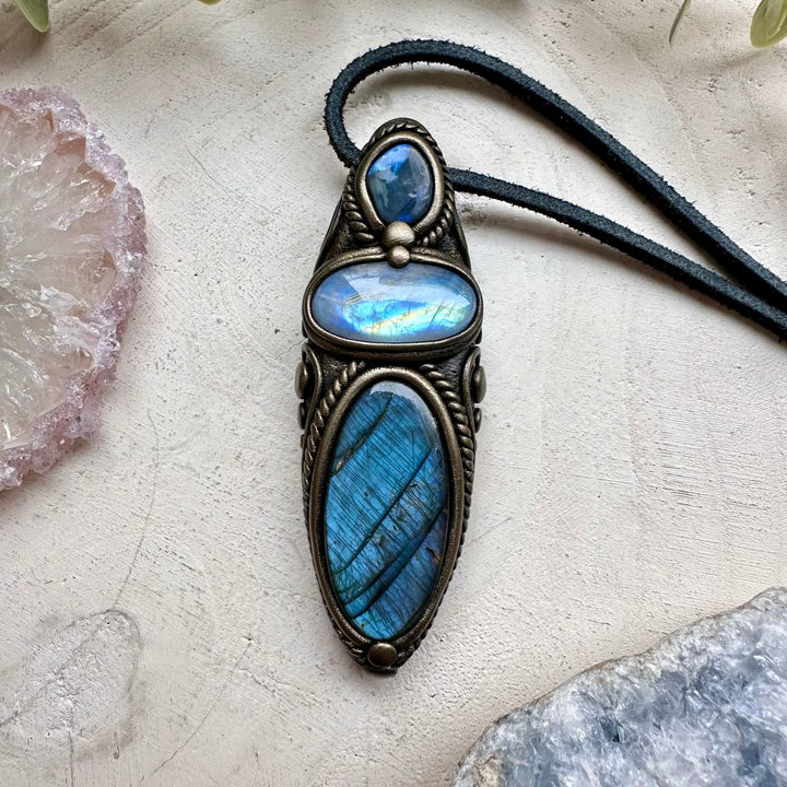 Labradorite paired with moonstone and black opal in a necklace