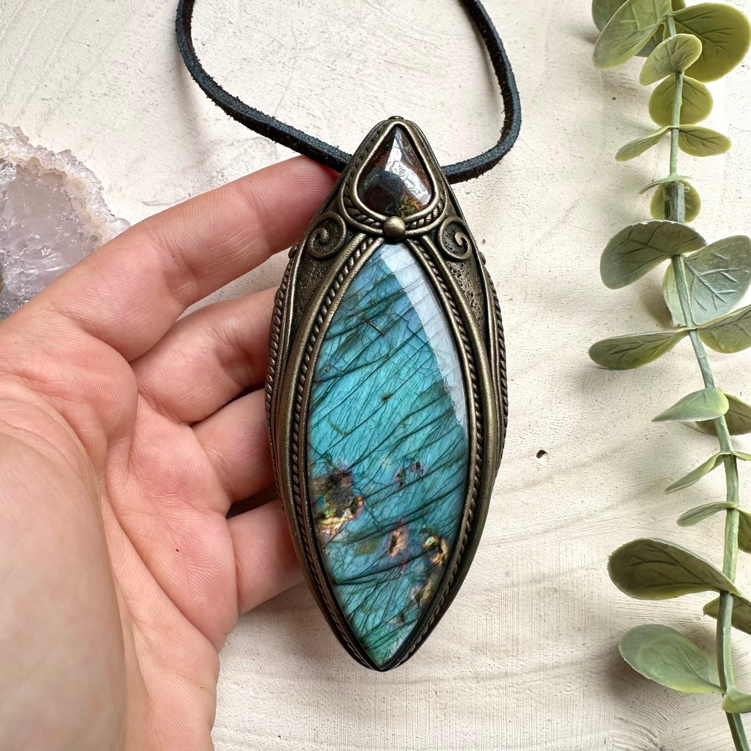 Handmade necklace with large labradorite and opal