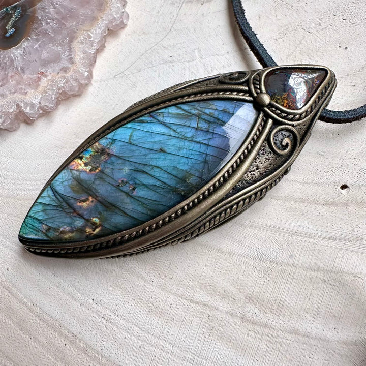 Large labradorite paired with boulder opal in a necklace