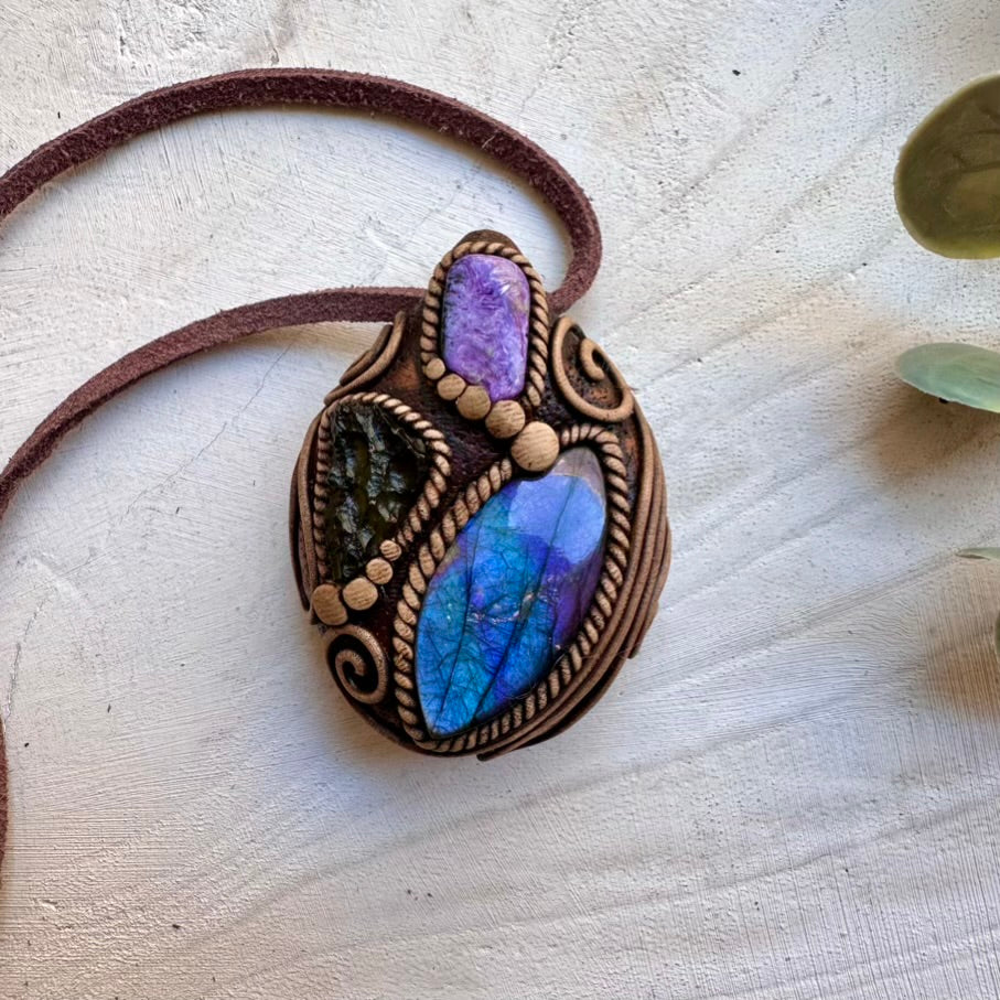 Labradorite charoite and moldavite necklace, unisex gemstone pendant