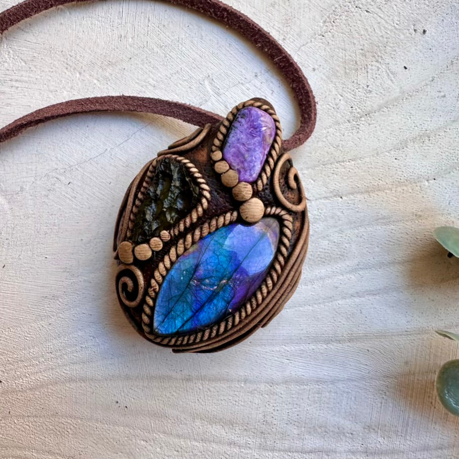 One of a kind labradorite charoite and moldavite necklace
