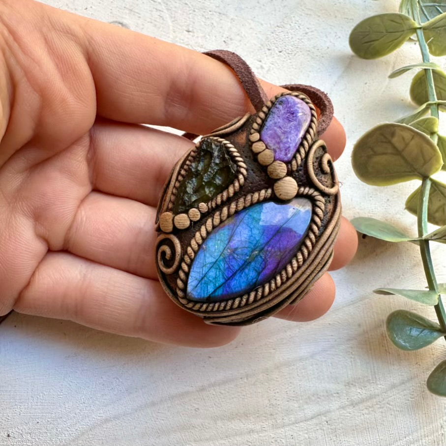 Handmade necklace featuring labradorite charoite and moldavite stones