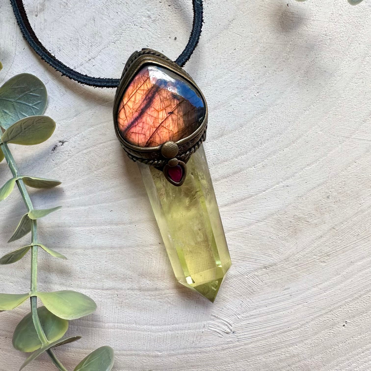 Handmade crystal wand necklace with citrine and labradorite