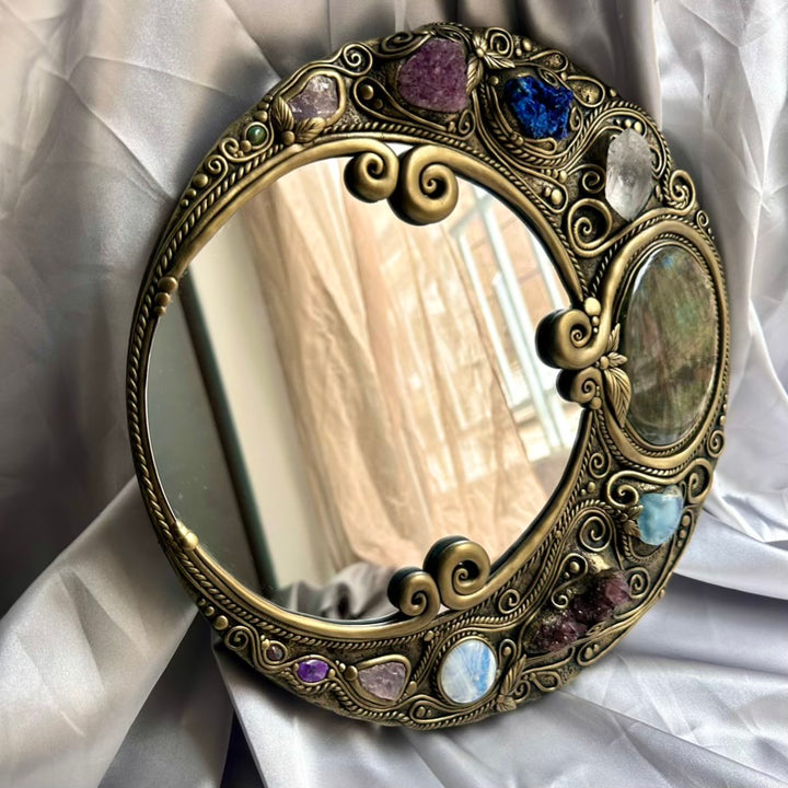 Large handmade mirror with Labradorite, Amethyst and Rose Quartz crystals