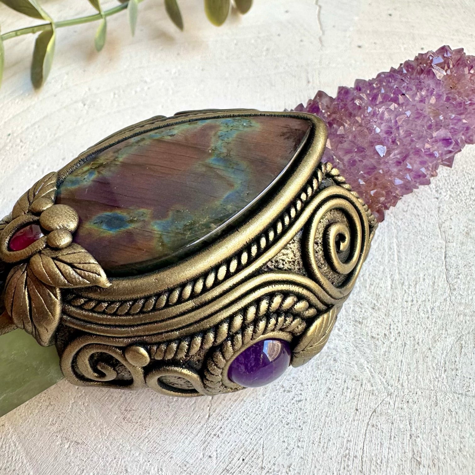 Crystal healing tool designed with Rainbow Fluorite for meditation, manifestation and ritual work.