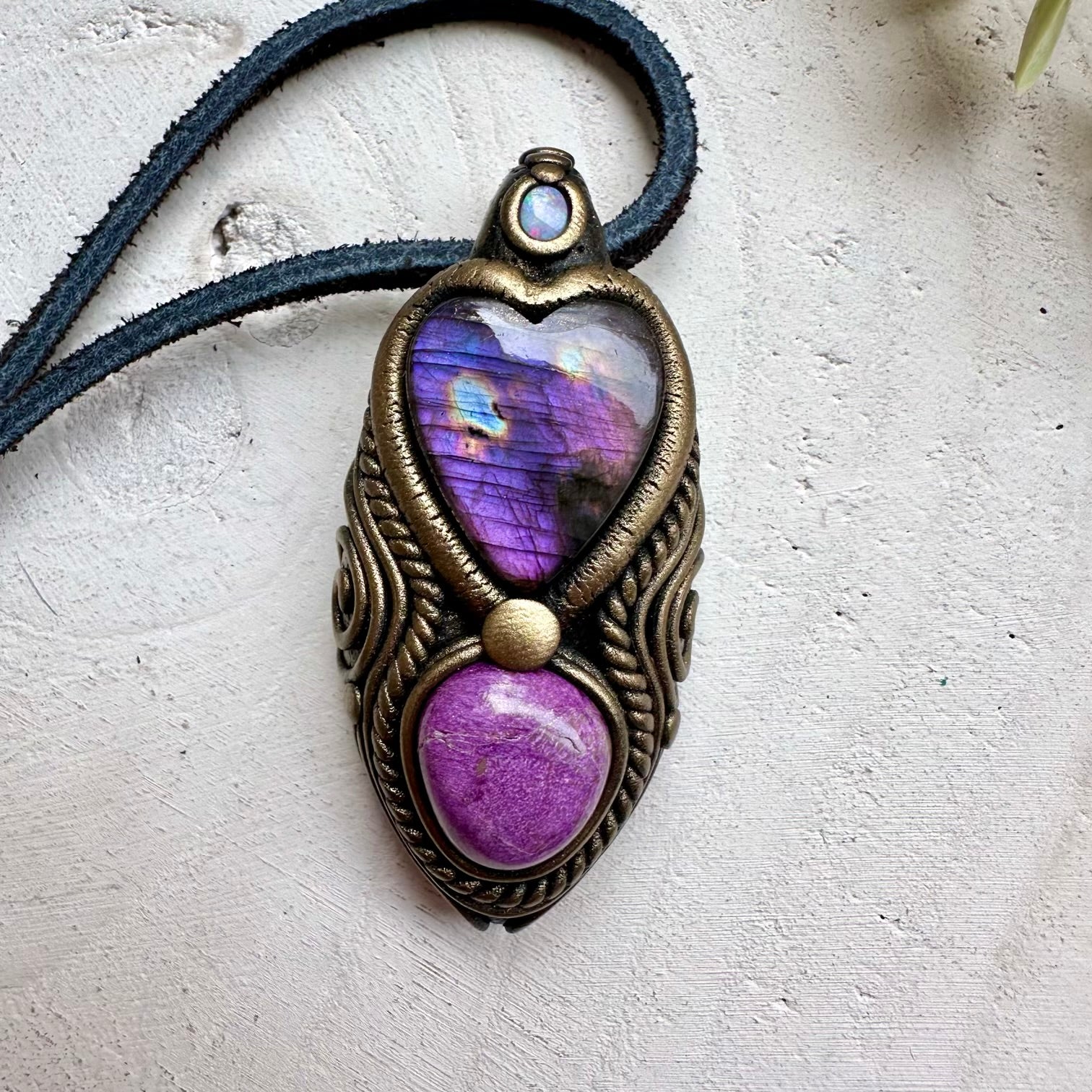 Handmade necklace with purple labradorite heart stichtite and opal