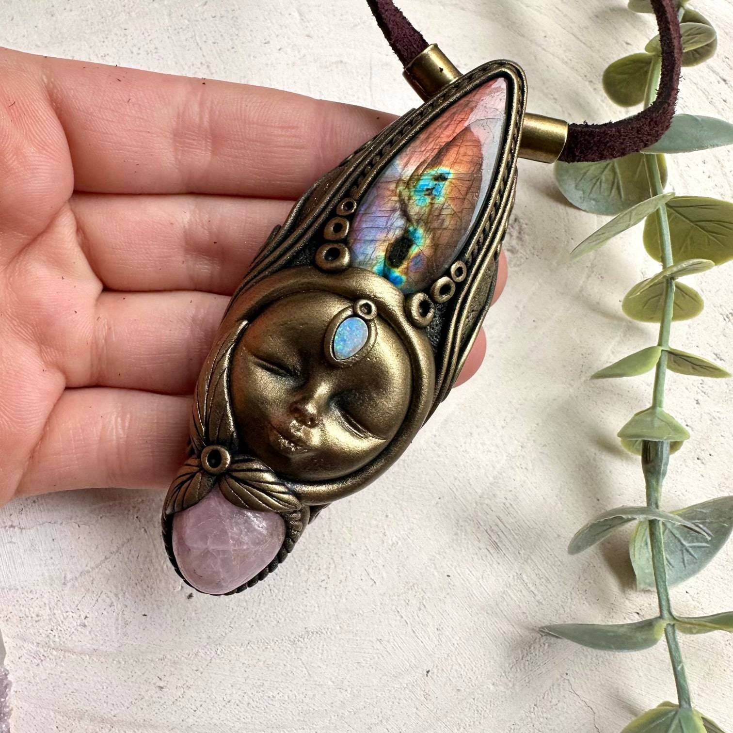 Handmade necklace with labradorite kunzite and opal doublet