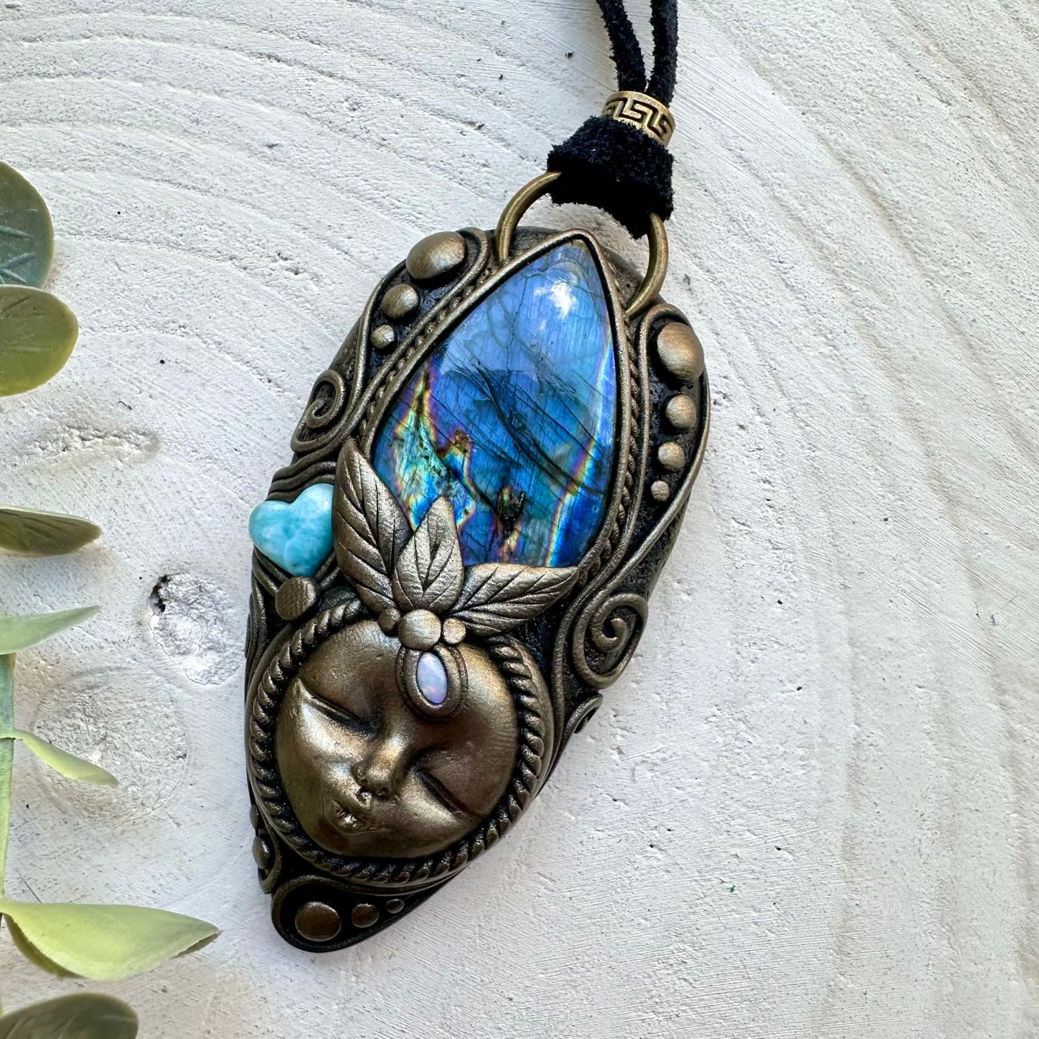 Healing crystal goddess pendant with larimar heart and labradorite