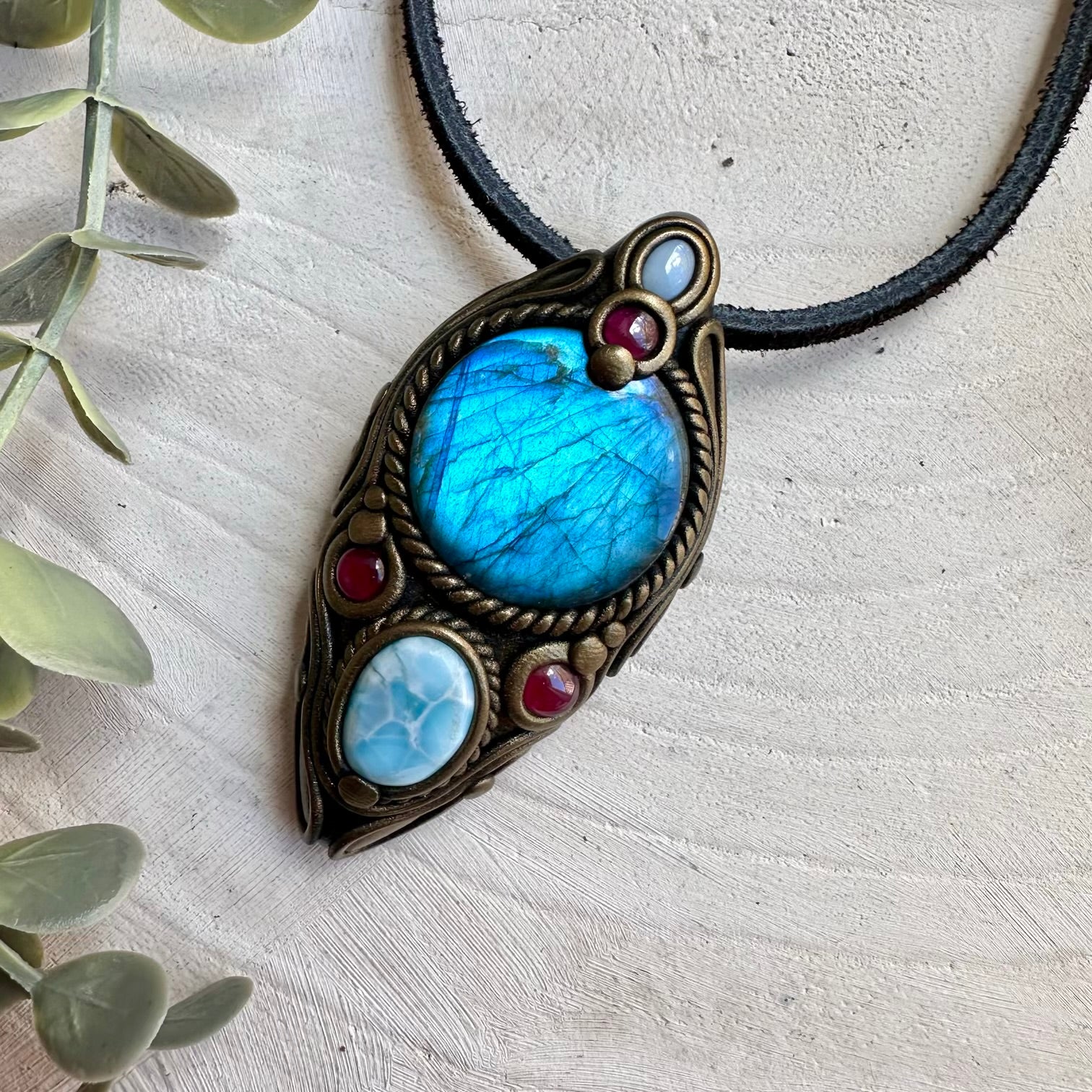 Labradorite larimar Australian opal and rhodolite garnet necklace