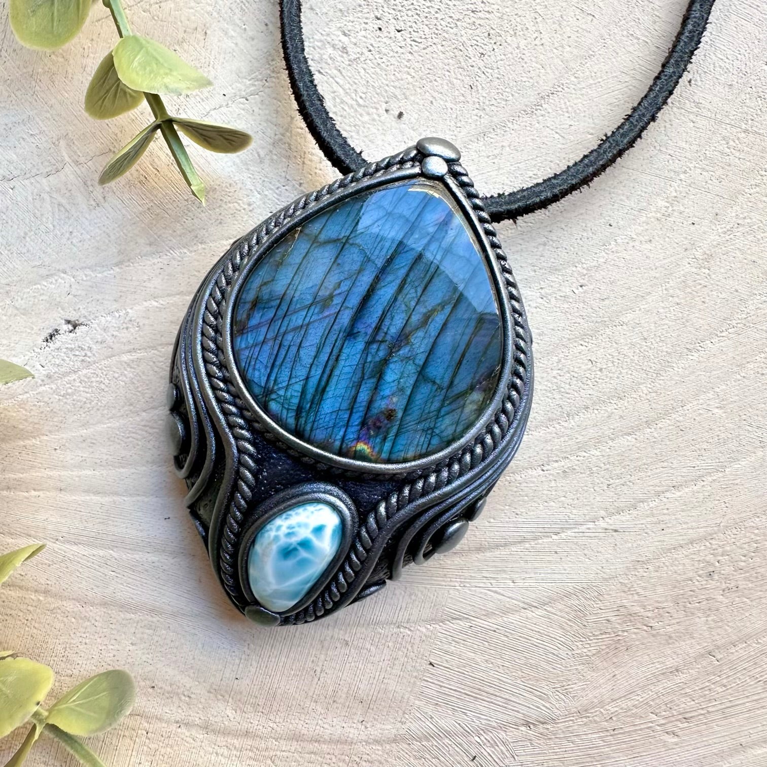 Labradorite and larimar pendant necklace healing gemstone jewelry