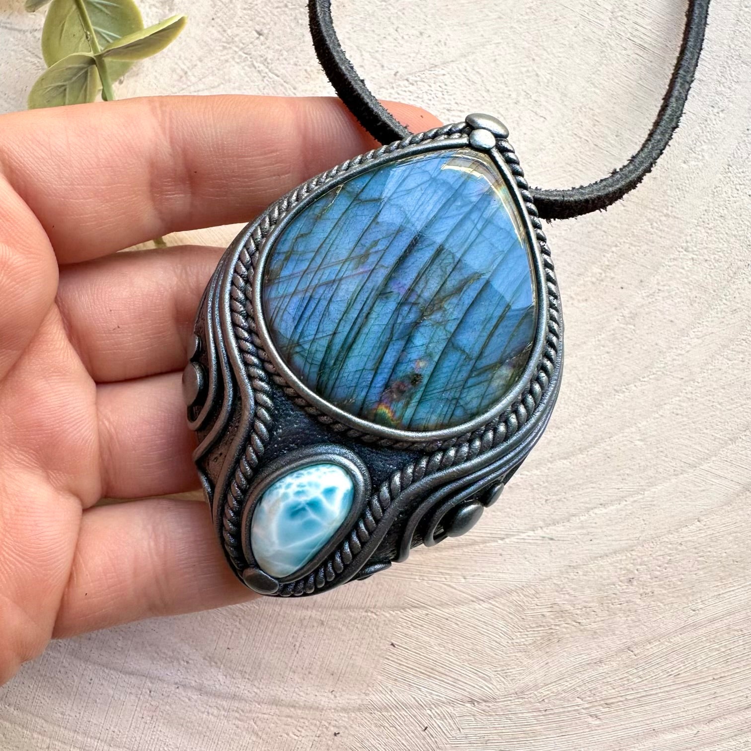 nergy pendant with labradorite and larimar crystals