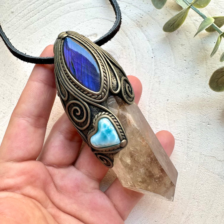 Healing crystal wand necklace with labradorite smoky quartz and larimar heart