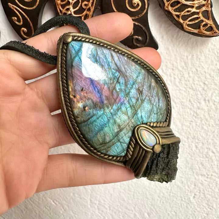 Labradorite with Moldavite and Australian Opal pendant necklace – handmade crystal jewelry