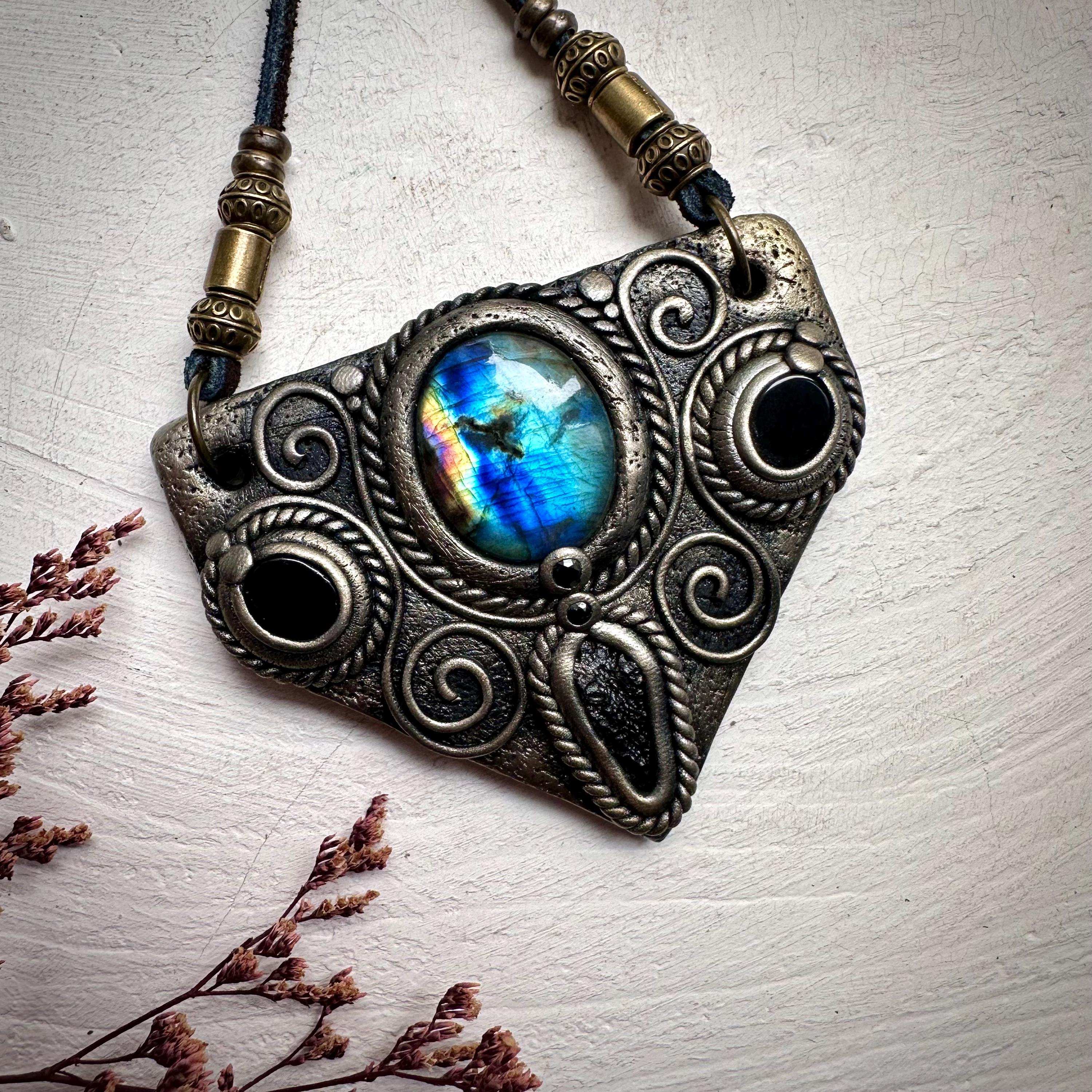 Labradorite Moldavite Black Onyx and Blue Sapphire Necklace - FairyGardenGlow