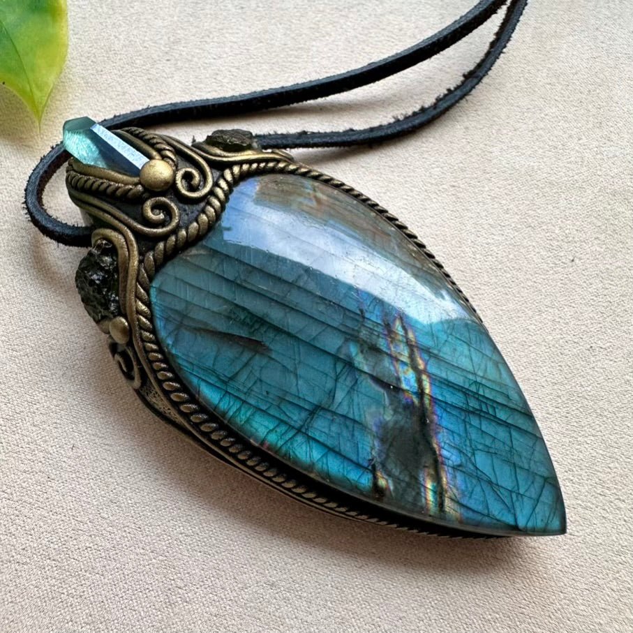 Labradorite Aqua Aura Quartz and Moldavite Crystal Necklace, One of a kind Gemstone Jewelry - FairyGardenGlow