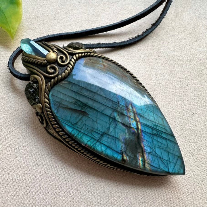 Labradorite Aqua Aura Quartz and Moldavite Crystal Necklace, One of a kind Gemstone Jewelry - FairyGardenGlow