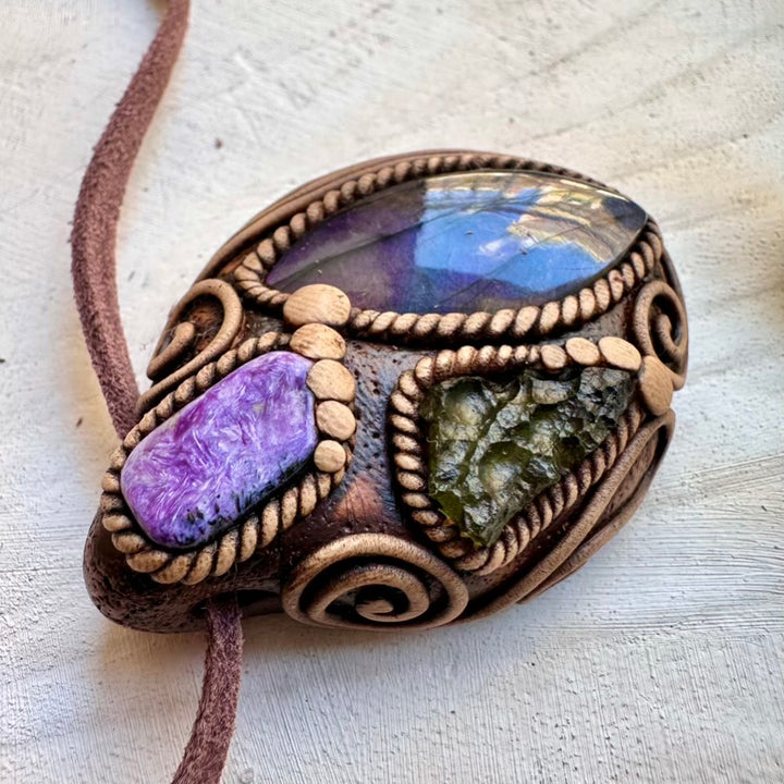 Unisex spiritual necklace featuring labradorite charoite and moldavite