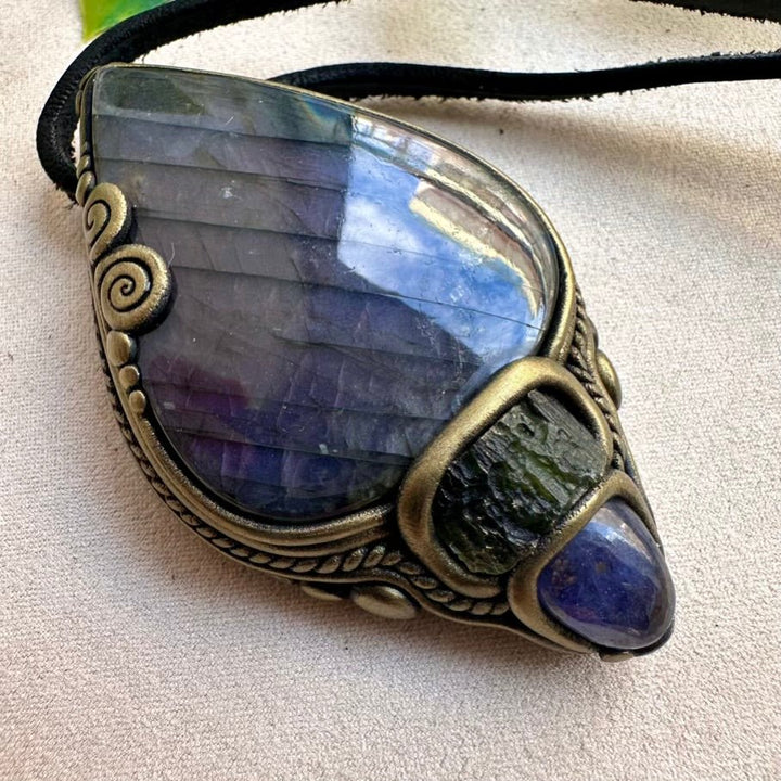 Gorgeous Large Purple Labradorite with Moldavite and Tanzanite Pendant Necklace, Handmade Spiritual Jewelry - FairyGardenGlow