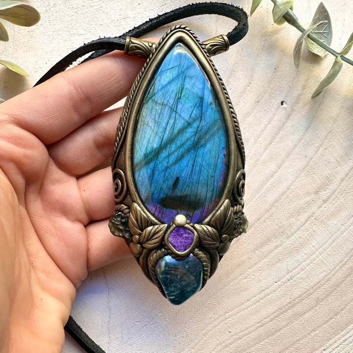 Healing crystal statement necklace with labradorite aqua aura quartz and moldavite