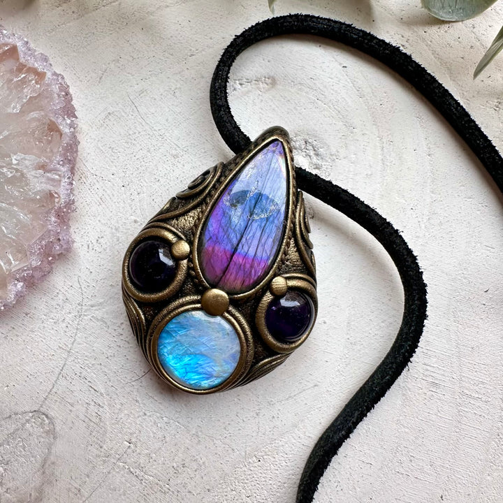 Labradorite moonstone and amethyst pendant necklace