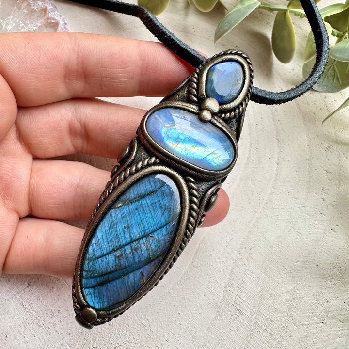 Labradorite rainbow moonstone and black Australian opal pendant necklace