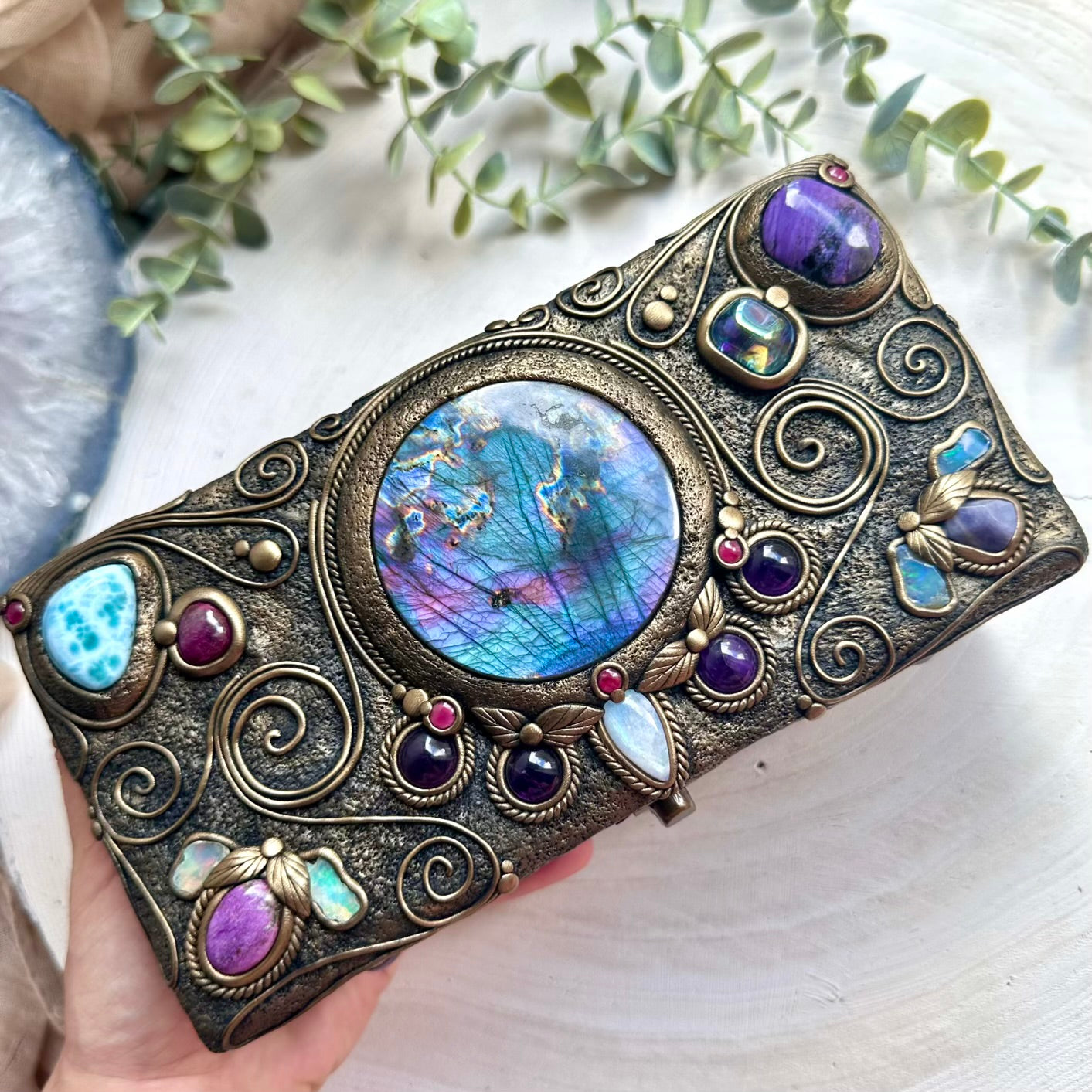 Crystal decorated wooden box with larimar and aqua aura quartz