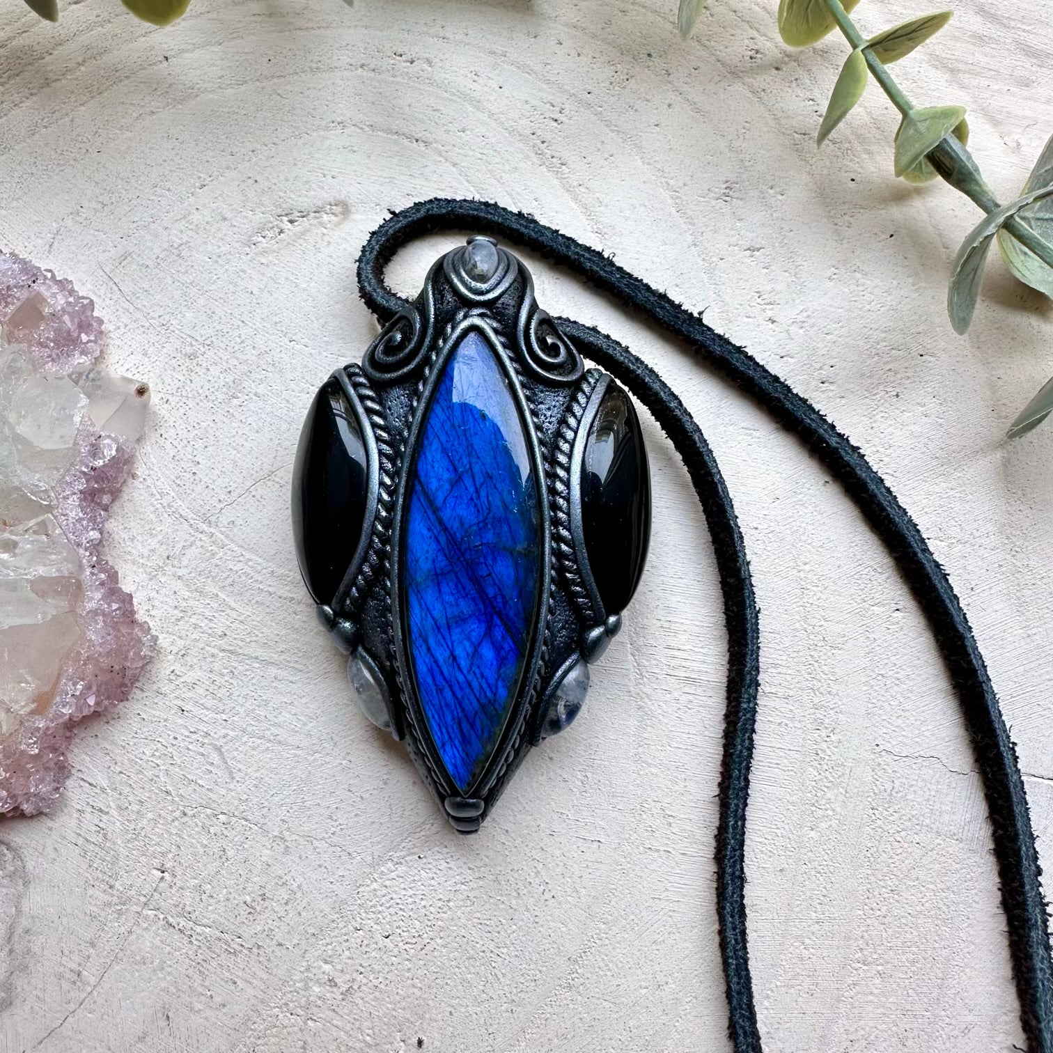 Handmade necklace with labradorite black onyx and moonstone