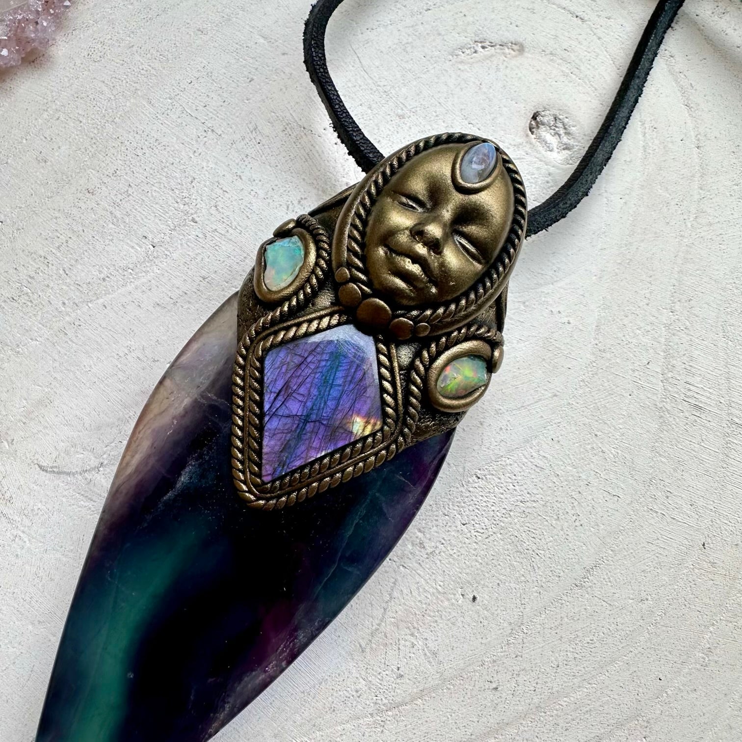 Spiritual goddess necklace with fluorite and moonstone crystals